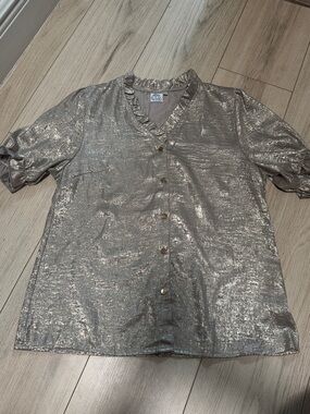 Metallic Silver Ruffled V-Neck Button Front Top - Kids